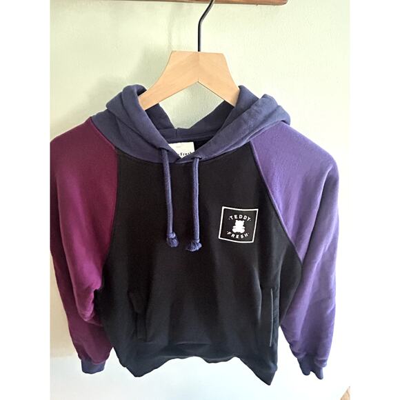 Teddy Fresh Colorblock Hoodie Purple Blue Drawstring Cotton Size XS - Picture 3 of 6